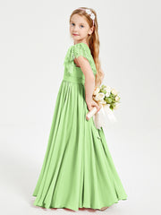 Chiffon Junior Bridesmaid Dresses Lace Flutter Sleeves Scoop Neck Sage