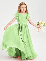 Chiffon Junior Bridesmaid Dresses Lace Flutter Sleeves Scoop Neck Sage