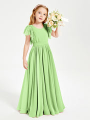 Chiffon Junior Bridesmaid Dresses Lace Flutter Sleeves Scoop Neck Sage