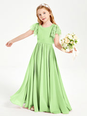 Chiffon Junior Bridesmaid Dresses Lace Flutter Sleeves Scoop Neck Sage