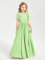 Chiffon Junior Bridesmaid Dresses Lace Flutter Sleeves Scoop Neck Sage