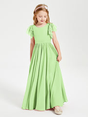 Chiffon Junior Bridesmaid Dresses Lace Flutter Sleeves Scoop Neck Sage