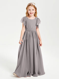 Chiffon Junior Bridesmaid Dresses Lace Flutter Sleeves Scoop Neck Silver