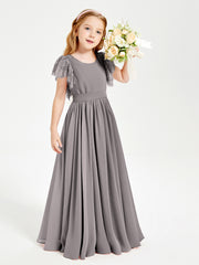 Chiffon Junior Bridesmaid Dresses Lace Flutter Sleeves Scoop Neck Silver
