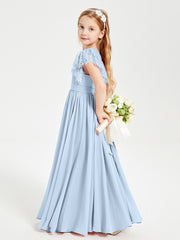 Chiffon Junior Bridesmaid Dresses Lace Flutter Sleeves Scoop Neck Sky Blue