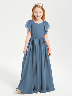 Chiffon Junior Bridesmaid Dresses Lace Flutter Sleeves Scoop Neck Slate Blue