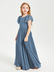 Chiffon Junior Bridesmaid Dresses Lace Flutter Sleeves Scoop Neck Slate Blue