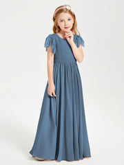 Chiffon Junior Bridesmaid Dresses Lace Flutter Sleeves Scoop Neck Slate Blue