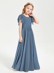 Chiffon Junior Bridesmaid Dresses Lace Flutter Sleeves Scoop Neck Slate Blue