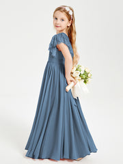 Chiffon Junior Bridesmaid Dresses Lace Flutter Sleeves Scoop Neck Slate Blue