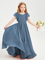 Chiffon Junior Bridesmaid Dresses Lace Flutter Sleeves Scoop Neck Slate Blue