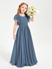 Chiffon Junior Bridesmaid Dresses Lace Flutter Sleeves Scoop Neck Slate Blue
