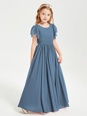 Chiffon Junior Bridesmaid Dresses Lace Flutter Sleeves Scoop Neck Slate Blue