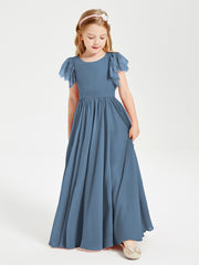 Chiffon Junior Bridesmaid Dresses Lace Flutter Sleeves Scoop Neck Slate Blue