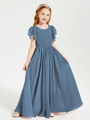 Chiffon Junior Bridesmaid Dresses Lace Flutter Sleeves Scoop Neck Slate Blue