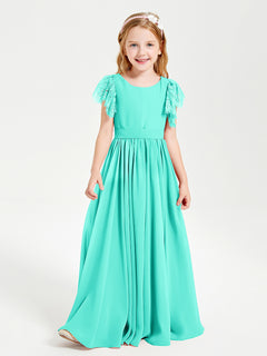 Chiffon Junior Bridesmaid Dresses Lace Flutter Sleeves Scoop Neck Spa