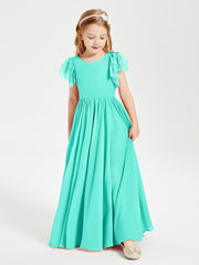 Chiffon Junior Bridesmaid Dresses Lace Flutter Sleeves Scoop Neck Spa