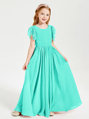 Chiffon Junior Bridesmaid Dresses Lace Flutter Sleeves Scoop Neck Spa