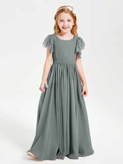 Chiffon Junior Bridesmaid Dresses Lace Flutter Sleeves Scoop Neck Steel Grey