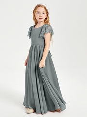 Chiffon Junior Bridesmaid Dresses Lace Flutter Sleeves Scoop Neck Steel Grey