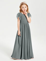 Chiffon Junior Bridesmaid Dresses Lace Flutter Sleeves Scoop Neck Steel Grey
