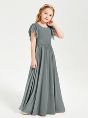 Chiffon Junior Bridesmaid Dresses Lace Flutter Sleeves Scoop Neck Steel Grey