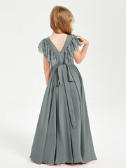 Chiffon Junior Bridesmaid Dresses Lace Flutter Sleeves Scoop Neck Steel Grey