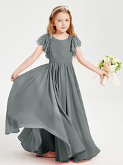 Chiffon Junior Bridesmaid Dresses Lace Flutter Sleeves Scoop Neck Steel Grey