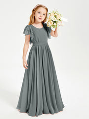 Chiffon Junior Bridesmaid Dresses Lace Flutter Sleeves Scoop Neck Steel Grey