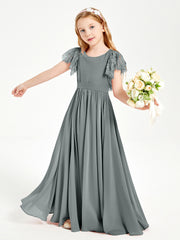 Chiffon Junior Bridesmaid Dresses Lace Flutter Sleeves Scoop Neck Steel Grey