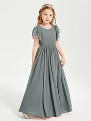 Chiffon Junior Bridesmaid Dresses Lace Flutter Sleeves Scoop Neck Steel Grey
