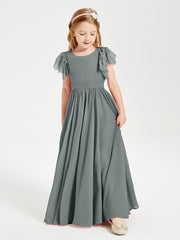 Chiffon Junior Bridesmaid Dresses Lace Flutter Sleeves Scoop Neck Steel Grey