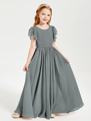 Chiffon Junior Bridesmaid Dresses Lace Flutter Sleeves Scoop Neck Steel Grey