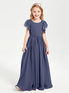 Chiffon Junior Bridesmaid Dresses Lace Flutter Sleeves Scoop Neck Stormy