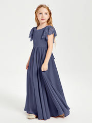 Chiffon Junior Bridesmaid Dresses Lace Flutter Sleeves Scoop Neck Stormy