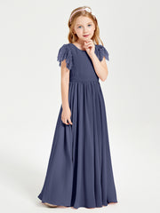 Chiffon Junior Bridesmaid Dresses Lace Flutter Sleeves Scoop Neck Stormy