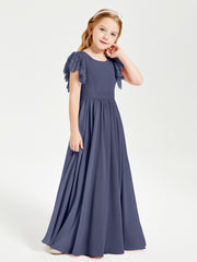 Chiffon Junior Bridesmaid Dresses Lace Flutter Sleeves Scoop Neck Stormy