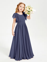 Chiffon Junior Bridesmaid Dresses Lace Flutter Sleeves Scoop Neck Stormy