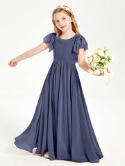 Chiffon Junior Bridesmaid Dresses Lace Flutter Sleeves Scoop Neck Stormy