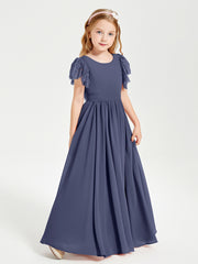 Chiffon Junior Bridesmaid Dresses Lace Flutter Sleeves Scoop Neck Stormy