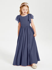 Chiffon Junior Bridesmaid Dresses Lace Flutter Sleeves Scoop Neck Stormy