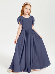 Chiffon Junior Bridesmaid Dresses Lace Flutter Sleeves Scoop Neck Stormy