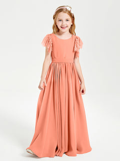 Chiffon Junior Bridesmaid Dresses Lace Flutter Sleeves Scoop Neck Sunset