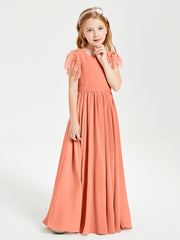 Chiffon Junior Bridesmaid Dresses Lace Flutter Sleeves Scoop Neck Sunset