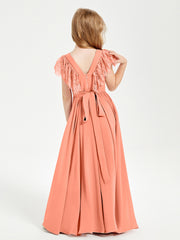 Chiffon Junior Bridesmaid Dresses Lace Flutter Sleeves Scoop Neck Sunset