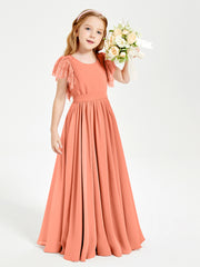 Chiffon Junior Bridesmaid Dresses Lace Flutter Sleeves Scoop Neck Sunset