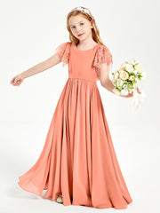 Chiffon Junior Bridesmaid Dresses Lace Flutter Sleeves Scoop Neck Sunset