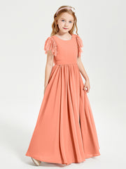 Chiffon Junior Bridesmaid Dresses Lace Flutter Sleeves Scoop Neck Sunset