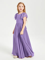 Chiffon Junior Bridesmaid Dresses Lace Flutter Sleeves Scoop Neck Tahiti