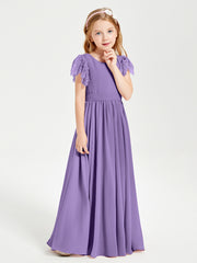 Chiffon Junior Bridesmaid Dresses Lace Flutter Sleeves Scoop Neck Tahiti